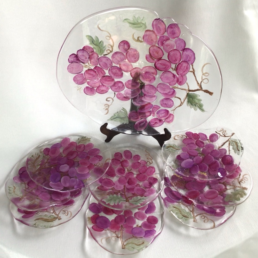 Hand Made and Painted Grape Design Glass Plates Set